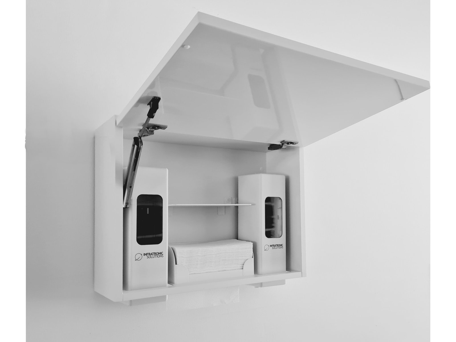 Weißer Hygieneschrank mit geöffneter Klappe und Spendern für Handschuhe, Becher und Tücher